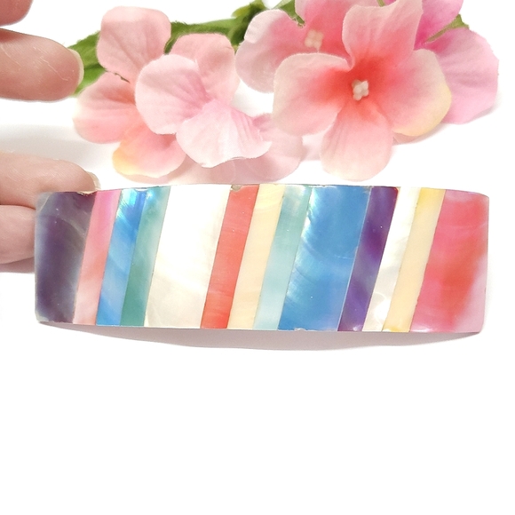 Vintage Rainbow Mother of Pearl Inlay Brooch Statement Brooch - Picture 1 of 9
